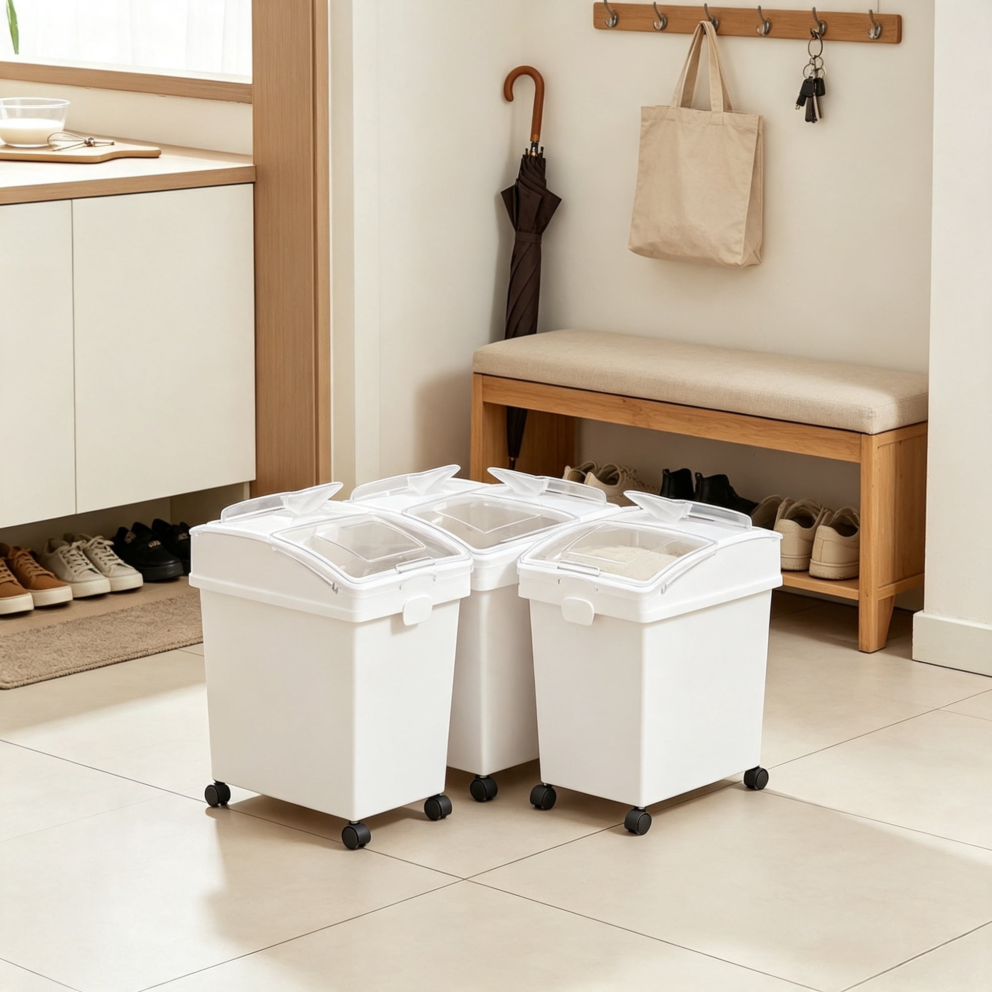 3 Pack 25L Large Rice Storage Container, Airtight Dog Food Dispenser Bin with Wheels & 3 Scoops, Kitchen Grain Cereal Flour Organizer