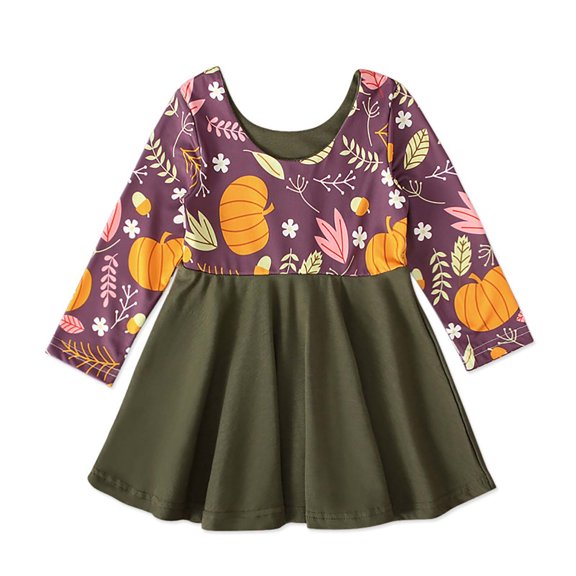 Odeerbi Toddler Girls Long Sleeve Halloween Dress Pumpkin Print Party Pleated Princess Dress Spring Long Sleeve Halloween Pumpkin Dress Olive Green