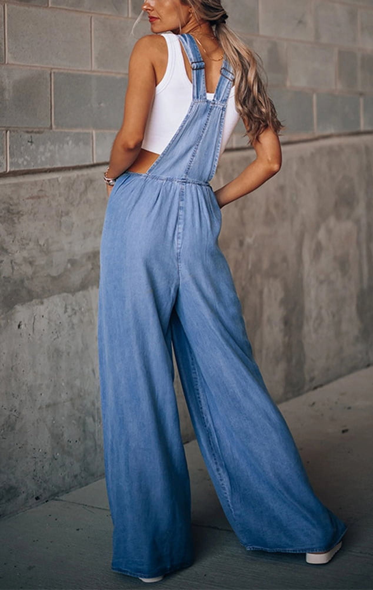 Chouyatou Women's Loose Denim Overalls, Wide Leg Bib Jean, Blue, X