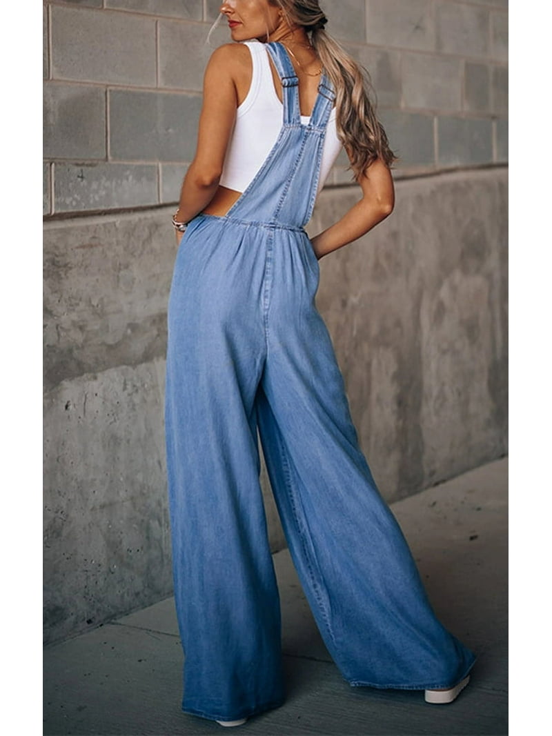CLWRレディースBIBパンツDENIMカラーXSサイズ Chouyatou Women's Loose Denim Overalls, Wide Leg Bib Jean, Blue, X