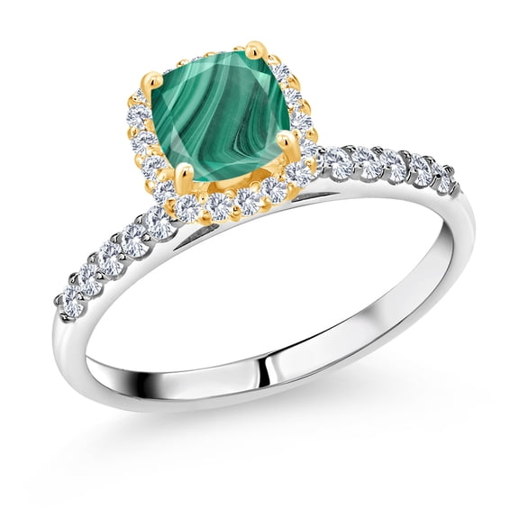 Gem Stone King 2.13 Ct Green Malachite E-F Lab Grown Diamond 925 Silver and 10K Yellow Gold Ring (Size 9)