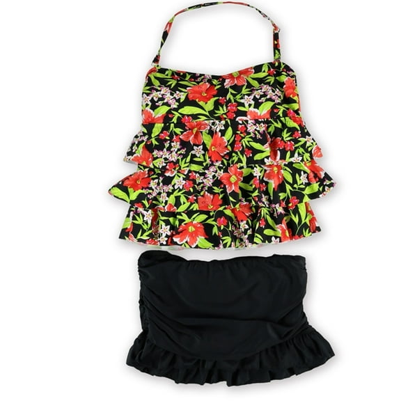 Island Escape Womens Tiered Ruffle Skirtini 2 Piece Bandeau, Red, 10