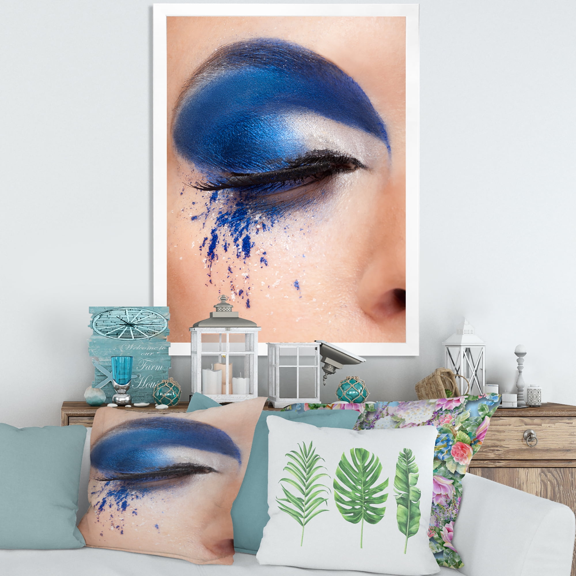 Designart 'Closed Woman Eye With Blue Fantasy Make Up' Modern Framed Art Print