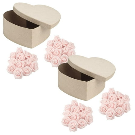 2pc Kraft Heart Paper Mache Boxes & Rose Filler (Pink) Sets - for Valentines & Gifts - Factory Direct Craft