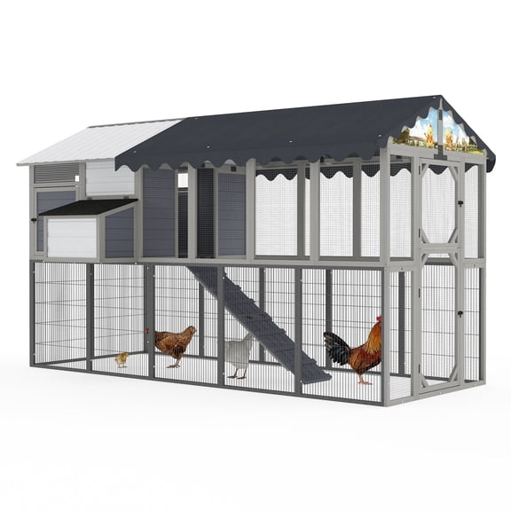 COZIWOW 120” Large Outdoor Chicken Coop, Chicken Cage with Nesting Box, Waterproof Cover and Doors, Hen House for Backyard, Gray