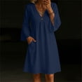 thumbnail image 3 of Iyufng Dresses for Women Casual Solid Color Cotton Linen Blend Dress V-Neck 3/4 Bell Sleeve Dress, 3 of 8