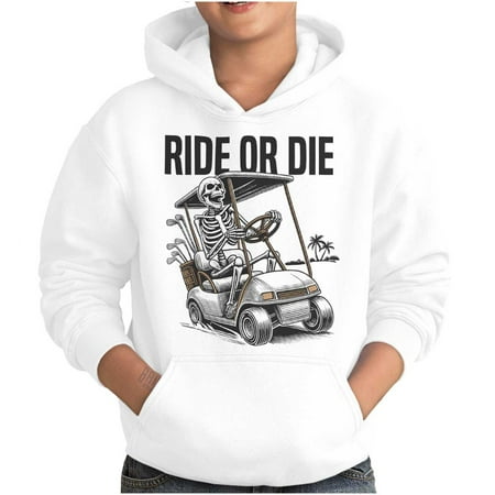 Funny Ride or Die Skeleton Golf Cart Youth Hoodie Boy Girl Teen Brisco Brands S