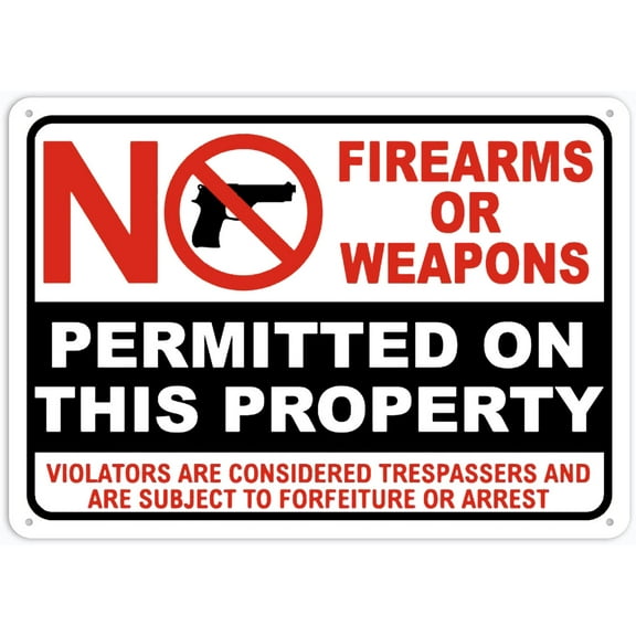 No Firearms Or Weapons Permitted Sign 12X8 Inches Metal Aluminum Signs, Weather Resistant, Weatherproof, Indoor Or Outdoor