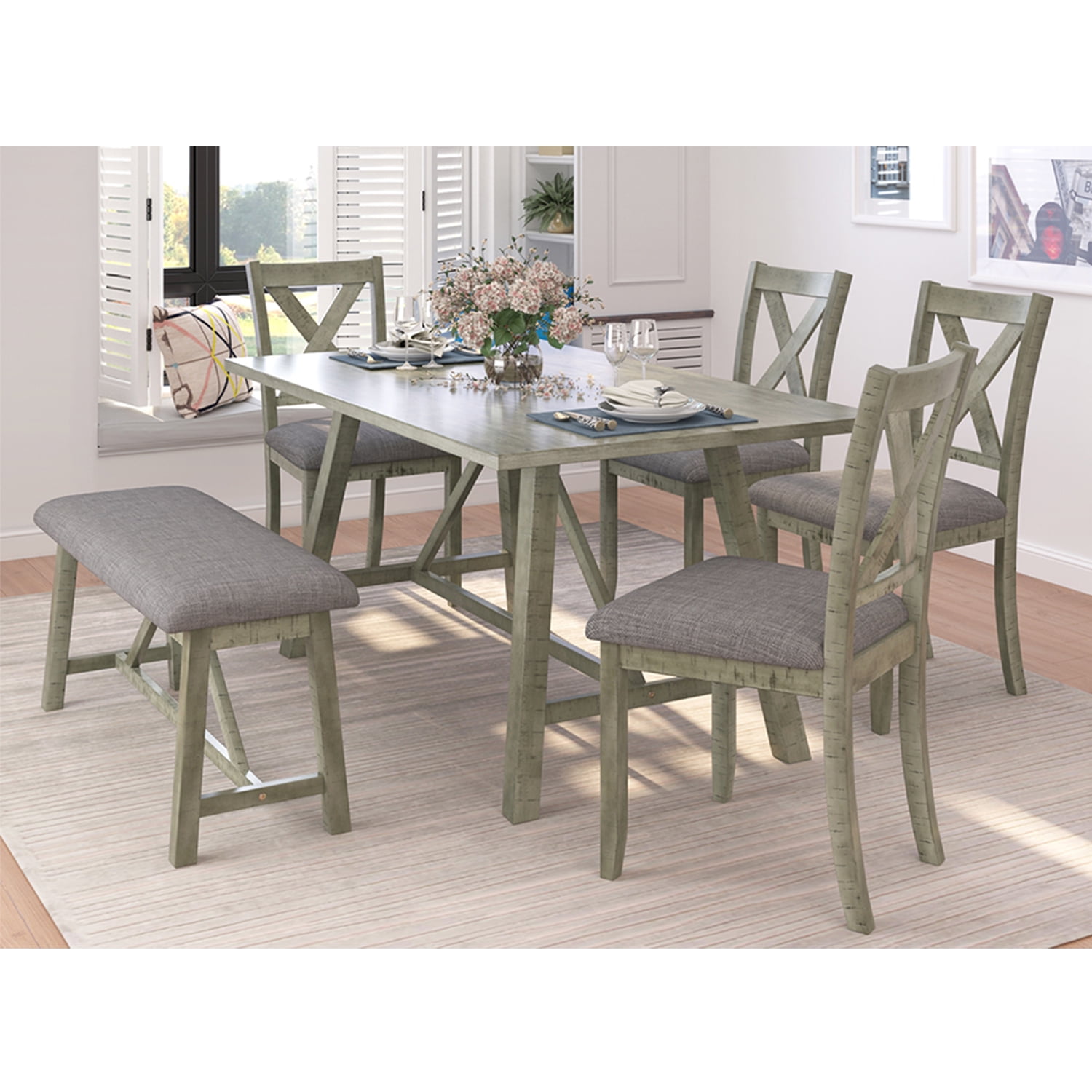 Kadyn Dining Table Set for 6, Kitchen Table Set with Table, Bench and 4 Chairs, 6 Piece Dining Table Set for Home, Gray Kadyn Dining Table Set for 6, Kitchen Table Set with Table, Bench and 4 Chairs, 6 Piece Dining Table Set for Home, Gray