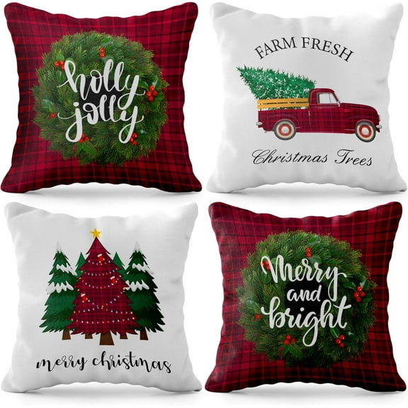 , Merry Christmas Pillow Covers 18x18 Inch - Pack of 4 | Christmas Throw Pillow Covers for Plaid Christmas Decorations | Red Christmas Plaid Pillow Covers, Farmhouse Christmas Pillow Covers