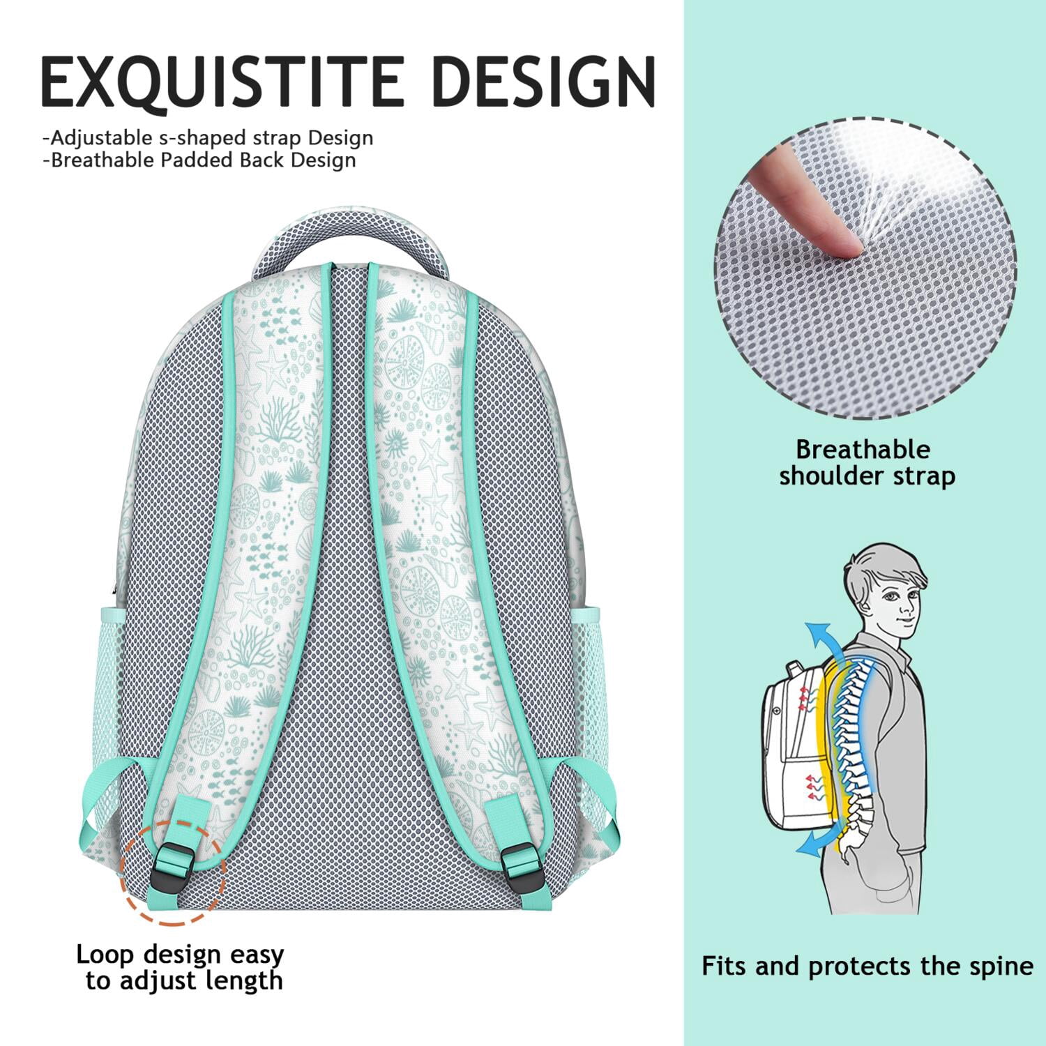 Summer Waterproof Backpack for College Students - Lightweight Daypack with Starfish & Sand Design, Spinal Support