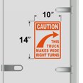 thumbnail image 3 of Caution This Truck Makes Wide Turns Vinyl Decal Sticker Many Colors & Sizes Wide Turn Sign Truck Safety Markings for Dry Van and Reefer Trailers Truck Decals & Markings (10" x 14", Orange), 3 of 8