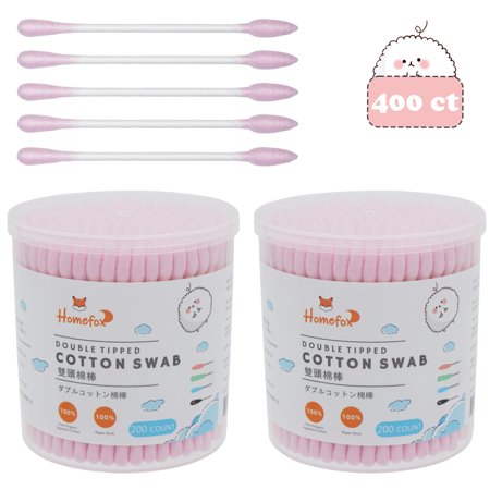 HOMEFOX 400 Count Pink Pointed Cotton Swab Qtip Precision Makeup Organic Pointy & Round Tip