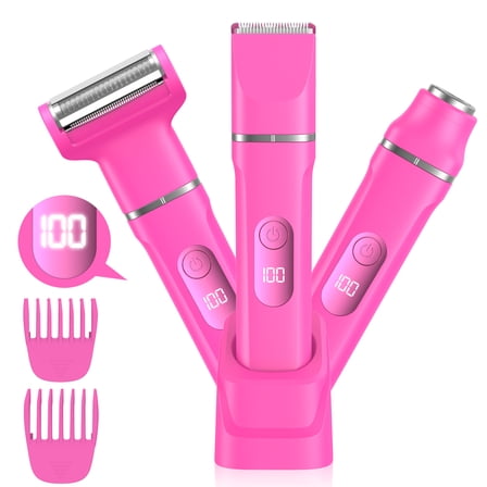 Hoey Electric Bikini Trimmer for Women,3 in 1 Electric Shaver for Women,Waterproof Pubic Hair Trimmer and Facial Hair Remover,Replaceable Razors & Nose Hair Trimmer,Dock Charging Women's Grooming Kit