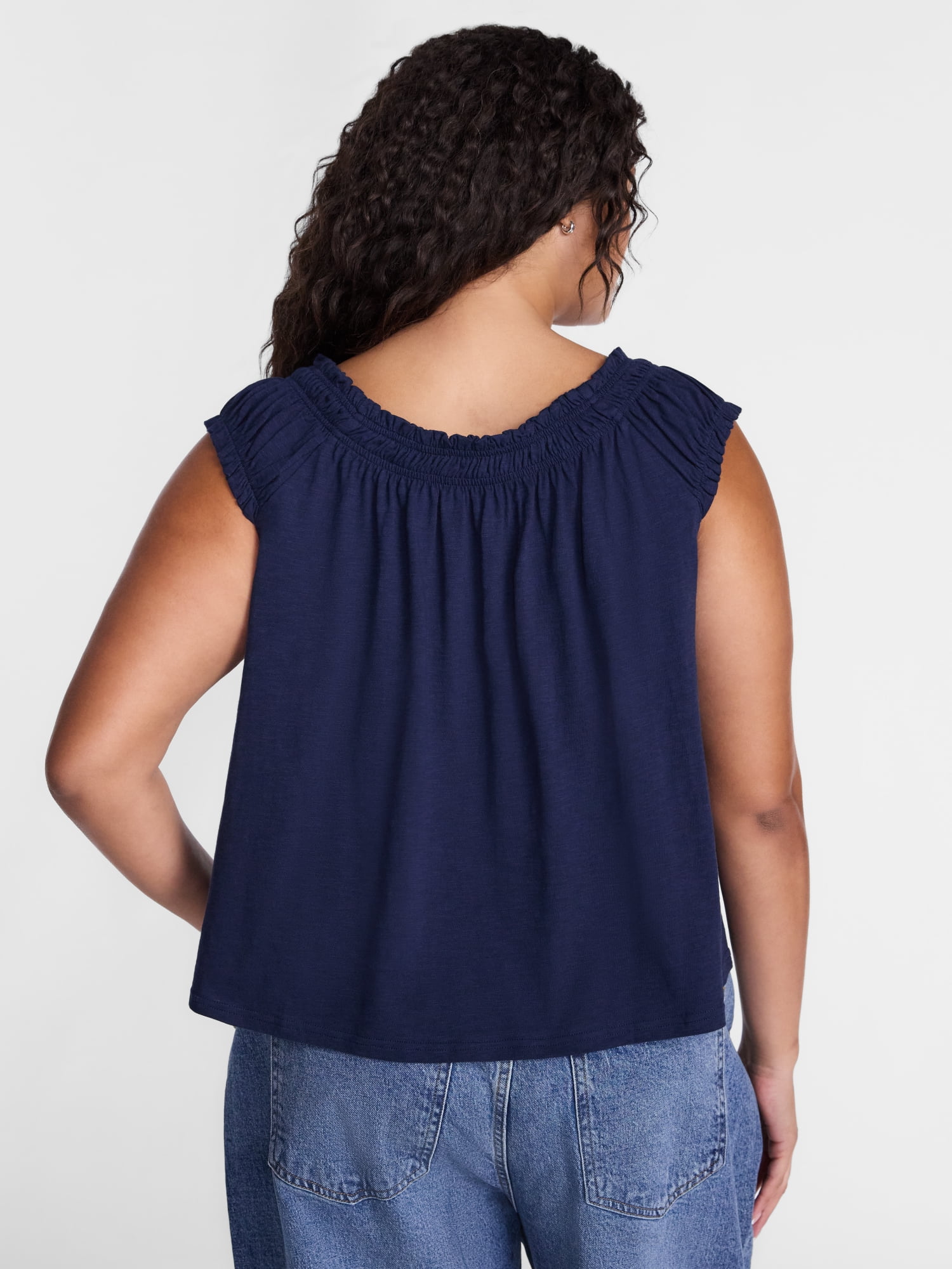 Terra & Sky Women’s Plus Smocked Tie Front Sleeveless Cotton Top, Sizes 0X-5X