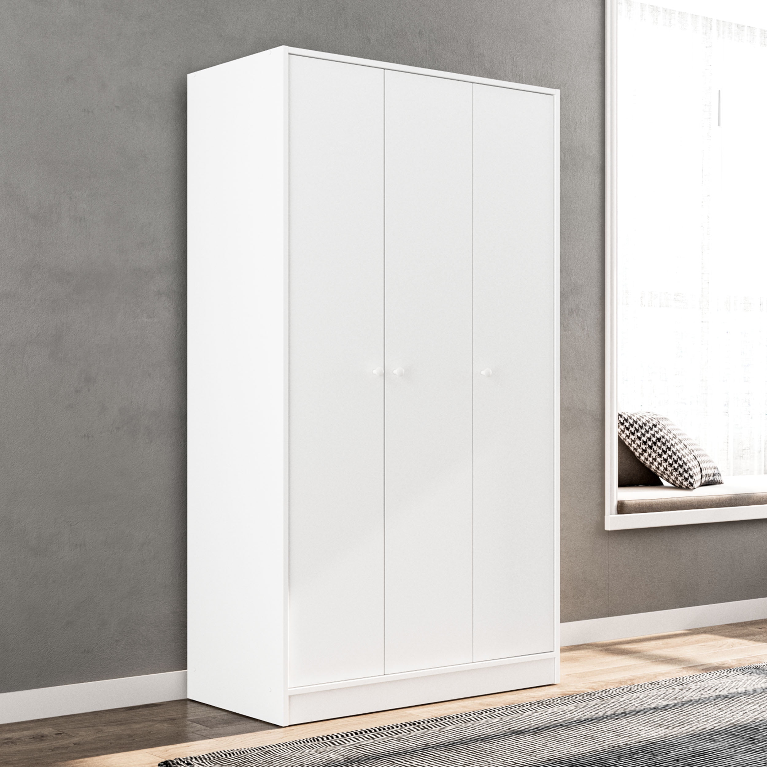 Polifurniture Denmark 71 in. 3 Door Modern Bedroom Armoire with Shelves & Hanging Rod, White Wood