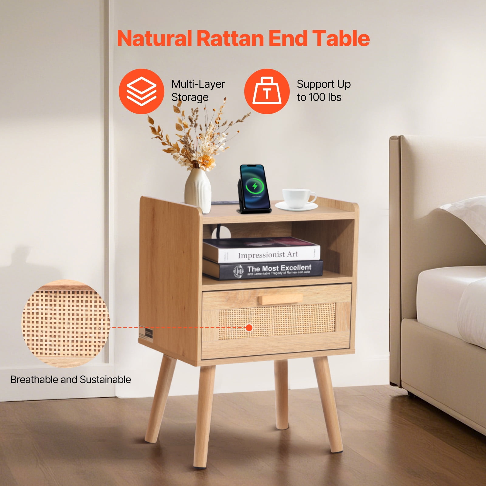 KFFKFF Wicker Nightstand, Chic Bedside Stand with Drawer and Open Shelf, Wooden End Table with Sturdy Wood Legs, Wicker Accent Table with Power Outlet, Suitable for Bedroom, Office & Lounge