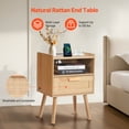 thumbnail image 3 of KFFKFF Wicker Nightstand, Chic Bedside Stand with Drawer and Open Shelf, Wooden End Table with Sturdy Wood Legs, Wicker Accent Table with Power Outlet, Suitable for Bedroom, Office & Lounge, 3 of 9