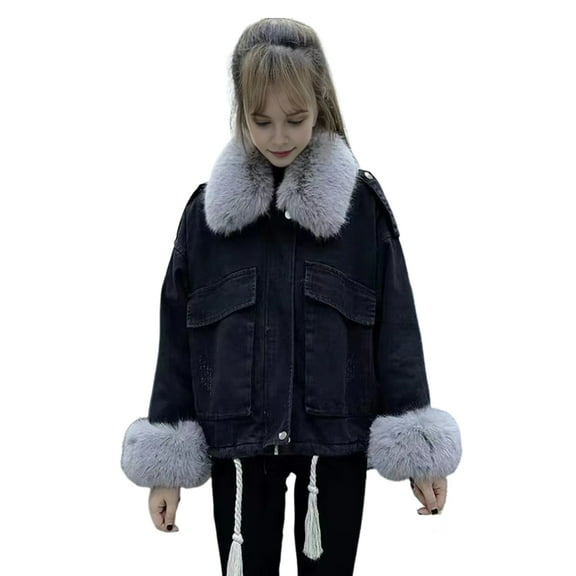 Winter Women Denim Jacket Faux Fur Trim Long Sleeves Thick Plush Lined Pockets Cold-proof Mid Length Windproof Outdoor Warm Coat
