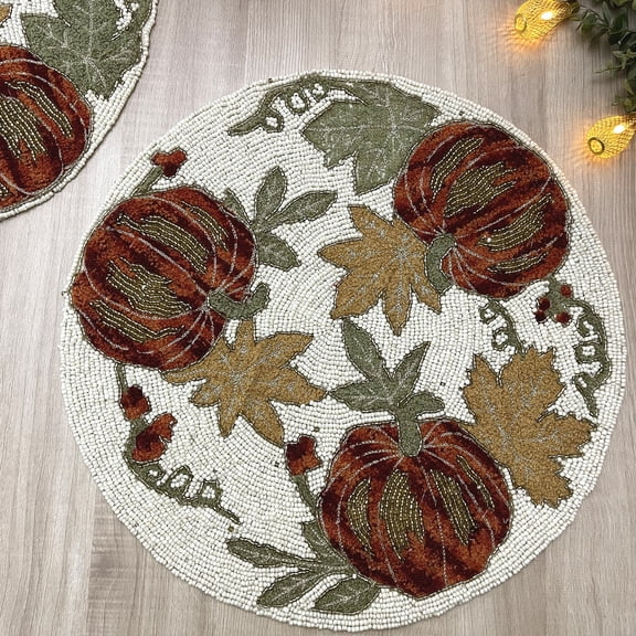 Set of 2, handmade beaded placemat, pumpkin harvest table mat, bead and embroidery chargerÂ 