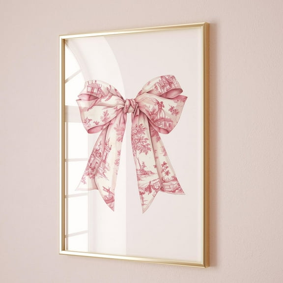 Poster Coquette Pink Bows Digital Wall Art, Chinoiserie Nursery Print, Pink Floral Toile De Jouy Aesthetic Baby Girl Room, Trendy Ribbon Printable - No Framed, Vintage Wall Art, Hot Trend!, 8x12