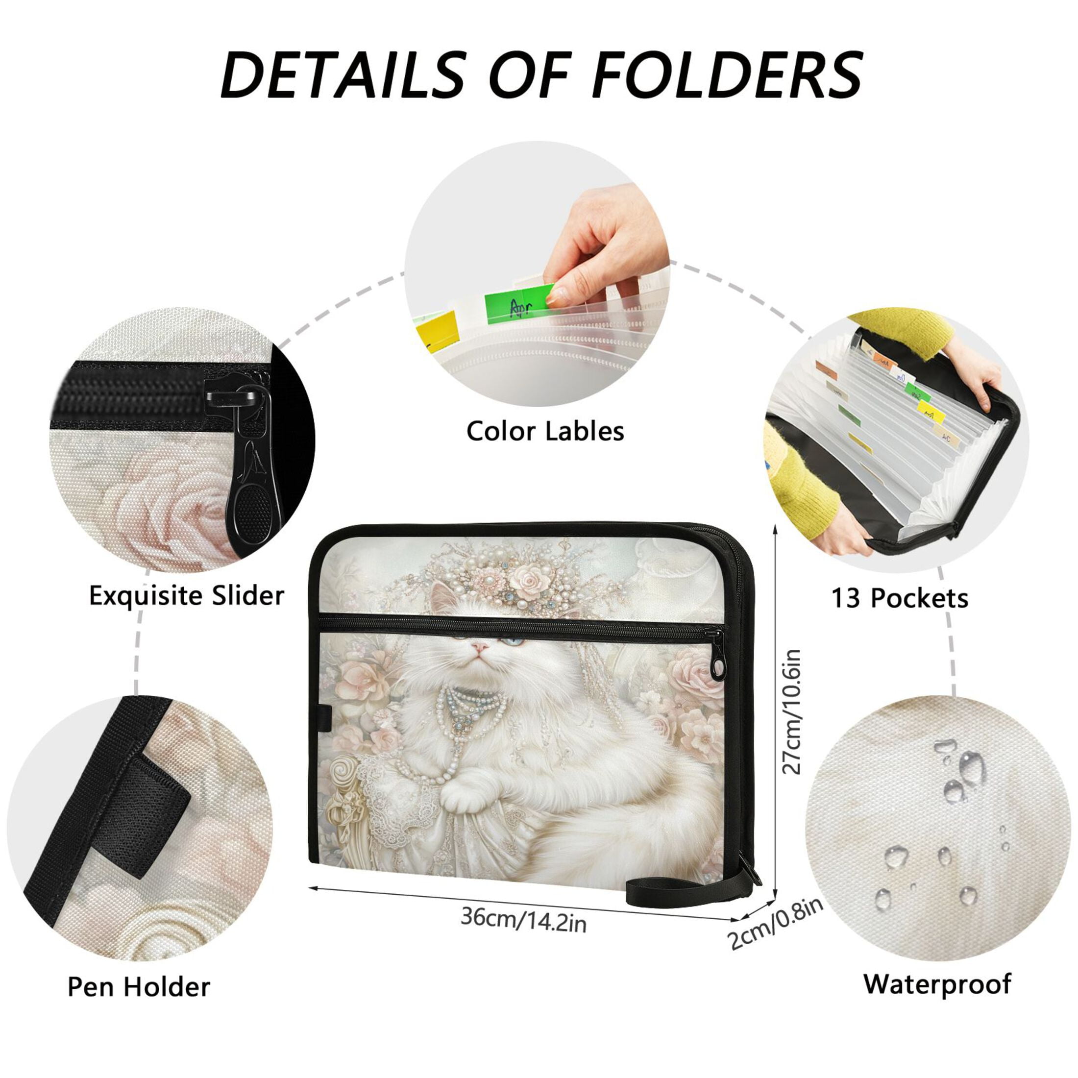 WOBOGO Gorgeous White Cat Expanding File Folder Letter Size Accordion Filing Organizer 13 Pocket Separate Organ Pocket
