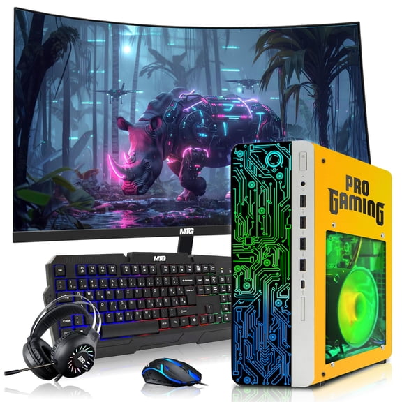 Restored HP G4 Gaming Desktop Computer PC Lambo Intel i5,16GB RAM,256GB SSD OS + 2x500GB HDD,32 Inch Curve Monitor,GT 730 Graphics,RGB KBM with AI Copilot,WiFi,RGB Headphone,Windows 11
