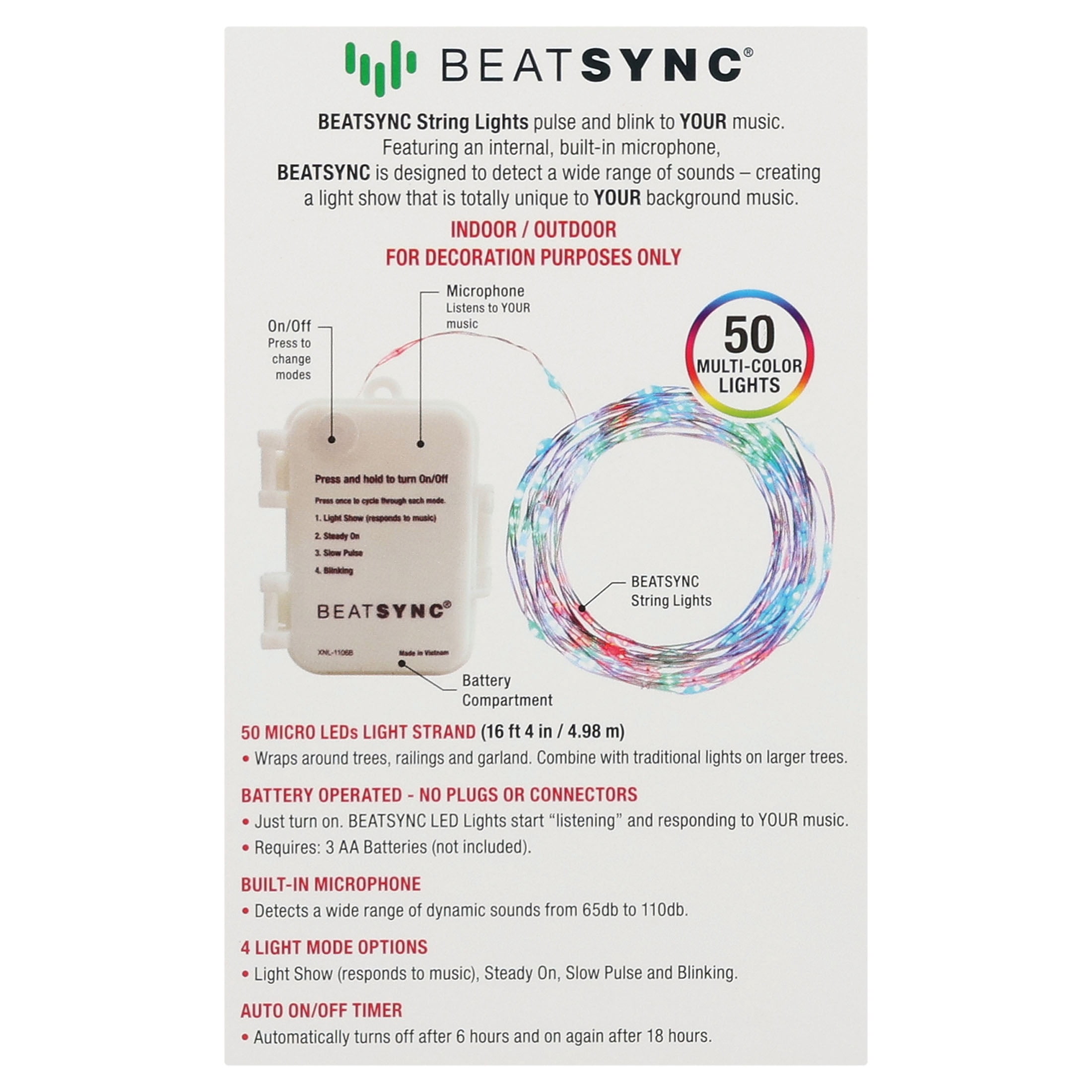 Beatsync Christmas 50 Count Multi-Color LED String Lights Sets, Holiday Lighting, Battery Operated