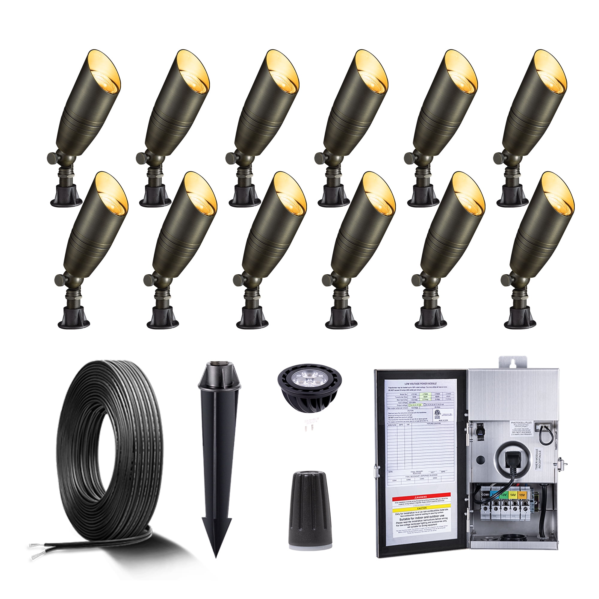Gardenreet Solid Brass 12V LED Landscape Lighting Kit (12Pack Spotlights) with 300W Low Voltage