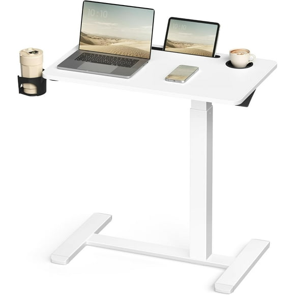 VASAGLE Small Standing Desk with Wheels, Mobile Height Adjustable Stand Up Desk, 80 x 45 cm Tabletop, 2 Cup Holders, Phone and Tablet Slot, Cloud White