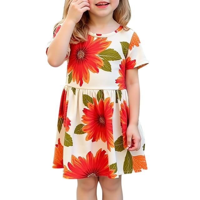 Robes pour Filles Été Sans Manches Imprimés Fleurs Princesse Mode Mignonne Robe Filles Orange 5-6 Ans