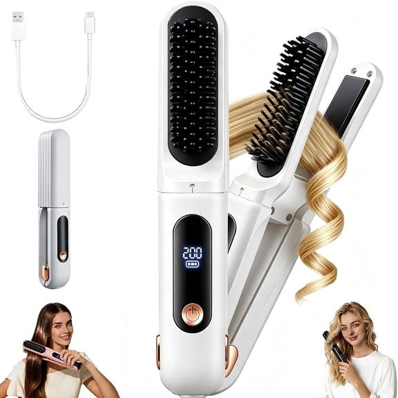 Cordless Hair Straightener Brush & Curler 2 in 1, Portable Travel Flat Iron with 3 Temp Settings, Rechargeable Mini Straightening Comb for All Hair Types, Black