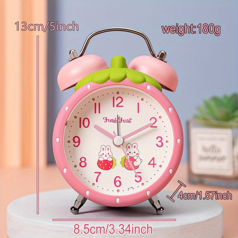 Strawberry-shaped alarm clock | Modern 3.5-inch battery-powered silent alarm clock with dual bells and a night light, suitable for offices, homes, kitchens, bedrooms, and schools.