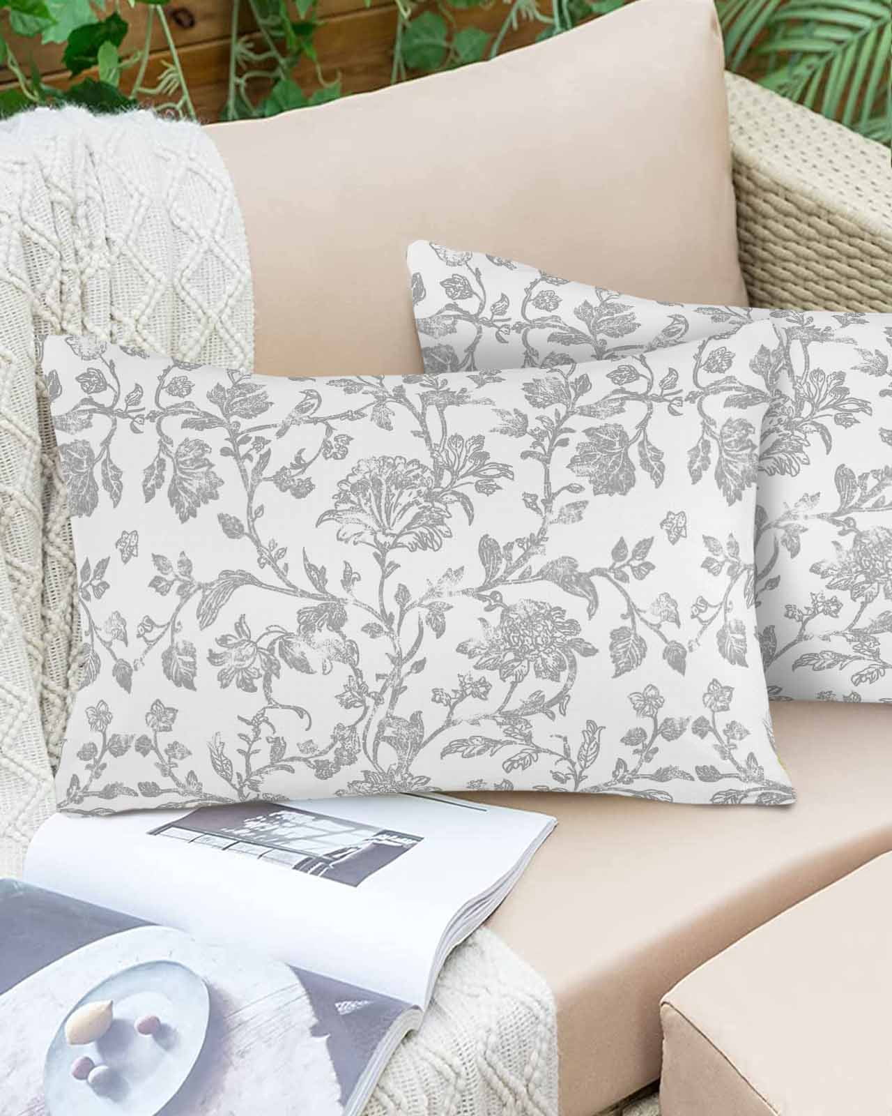 Outdoor Waterproof Throw Pillow Covers Set of 2 Gray Pastoral Flower Decorative Pillowcases Lumbar Outdoor Pillows Cushion Case 20x12 Inch Farmhouse Floral Patio Pillows for Couch Sofa Bed Garden
