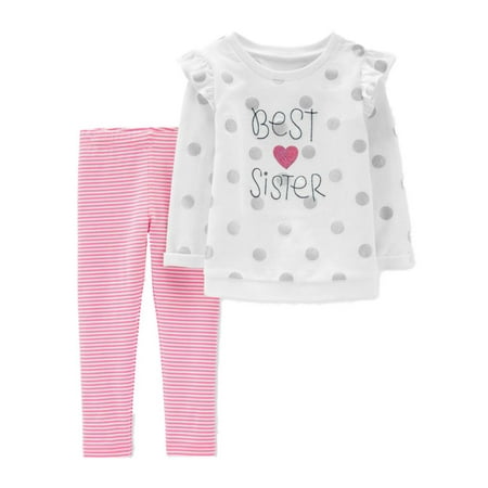 Carters Infant Girls White Polka Dot Best Sister Top & Pink Striped