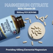 Magnesium Citrate Capsules 1500mg with Vitamin B6 | 120 Vegan Capsules | 450mg Elemental Mg | High Strength Magnesium Supplements for Women & Men | Capsules not Tablets | Made in UK by Prowise