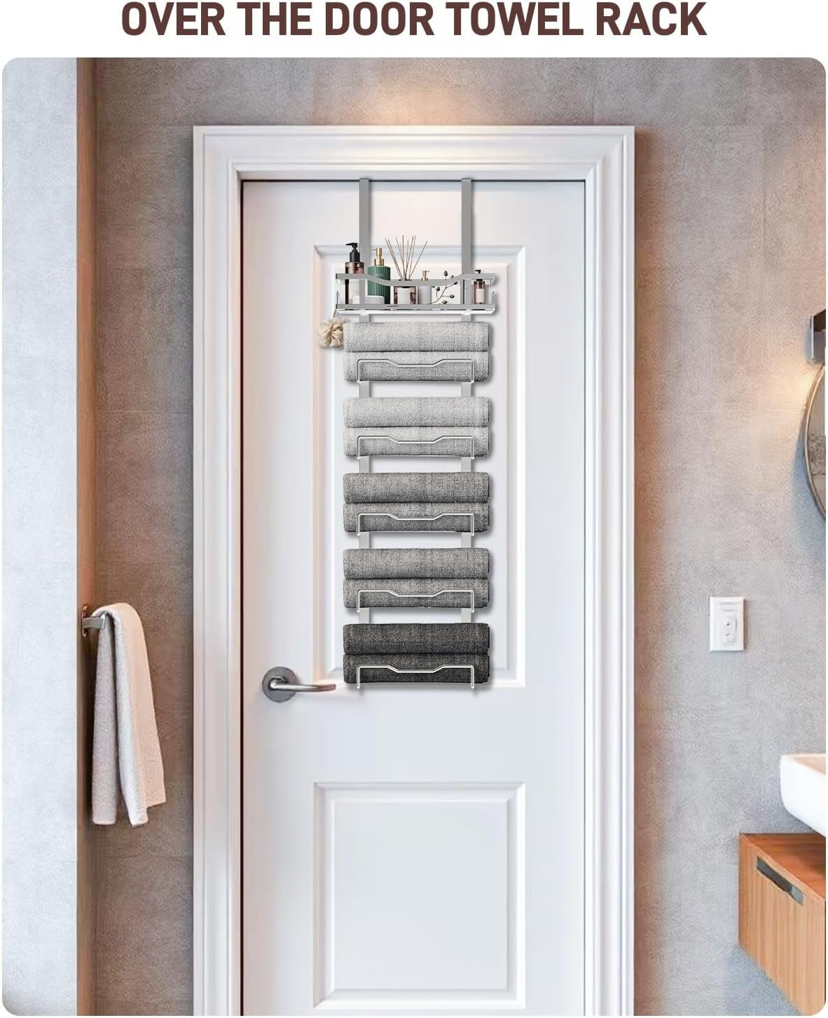 Hanging Towel Racks for Bathroom No Drill - Over The Door 6-Tier Bath Towel Storage Organizer for Small Bathrooms - Back Door Large Tiered Towel Holder Hanger for Rolled Towels