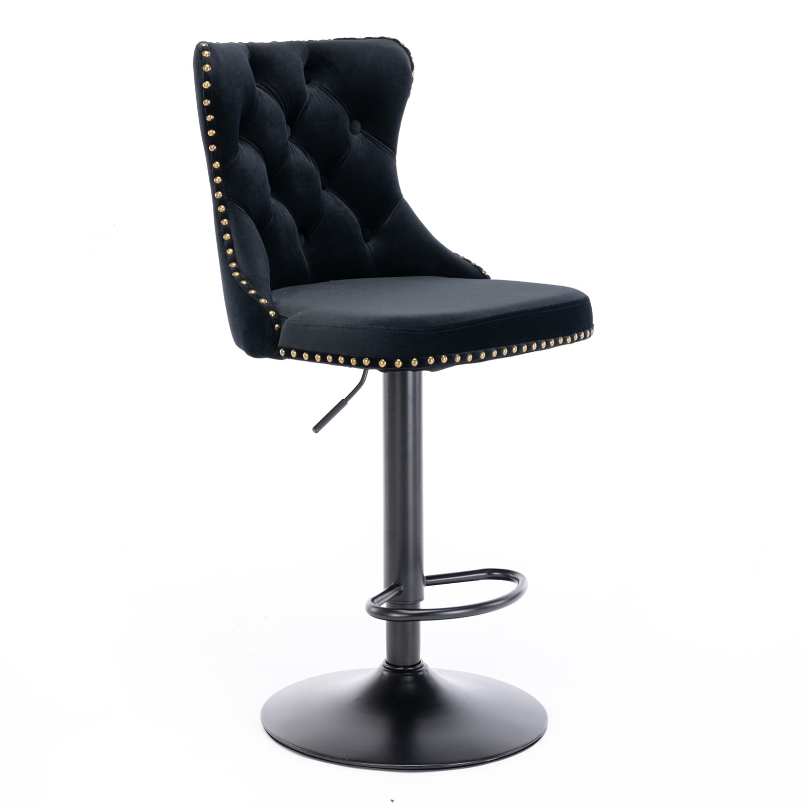 Counter Height Bar Stools from 25-33 Inch, Swivel Barstools with High Back, Button Tufted and Nailheads Trim, Velvet Upholstered Bar Chairs for Kitchen Dining Room (Black with Black Base,Set of 6)