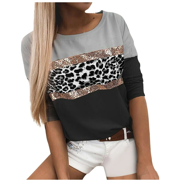 Gibobby Blusas Holgada Imprimir O-cuello Camisas Tops Moda Mujer Camiseta Lentejuelas Tallas grandes Tops(Negro, S)