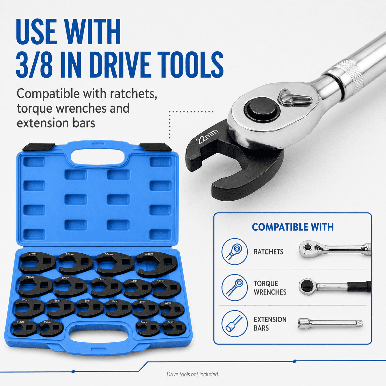 Crows Foot Wrench Set, 19-Piece Metric Crowfoot Wrench Set with 3/8" and 1/2" Drive Spanner for 8-32mm