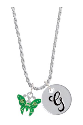 Silvertone Lime Green Butterfly with 2 Lime Green Crystals Silvertone Script Initial Disc - G - Charm Necklace, 20"+3"