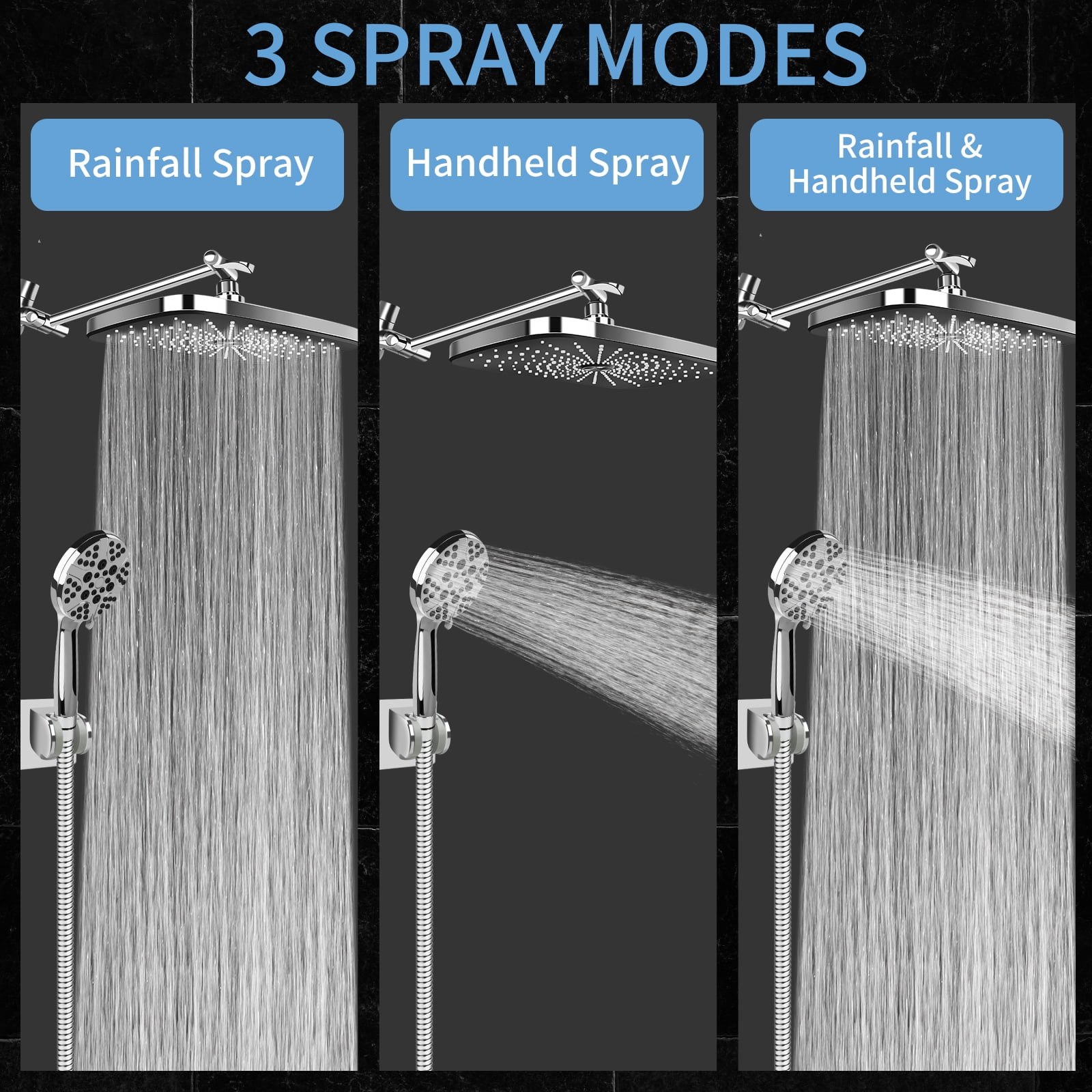 PHANCIR 12 Inch Rain Shower Head Combo, High Pressure Rainfall with Ajustable Extension Arm, 7 Modes Handheld Showerhead for Bathroom, Chrome