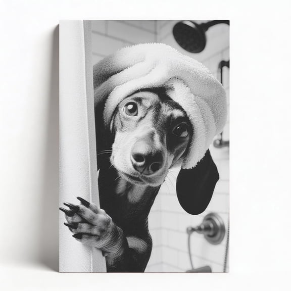 "Dachshund Spa Day" Canvas Wall Art, Black & White Bathroom Framed Decor, Funny Dog in Towel Artwork for Bathroom Living Room, Pet Lover Home Decor Ready to Hang 12"x18"