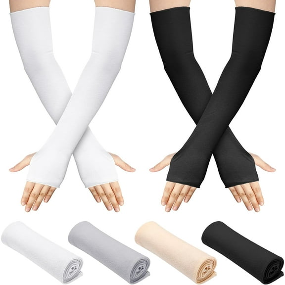 4 Pack Sun Protection UV Gloves Fingerless Gloves Women Wrist Length Cotton Gloves Sun Block Driving Gloves Unisex(Color Set 8, Elbow length)