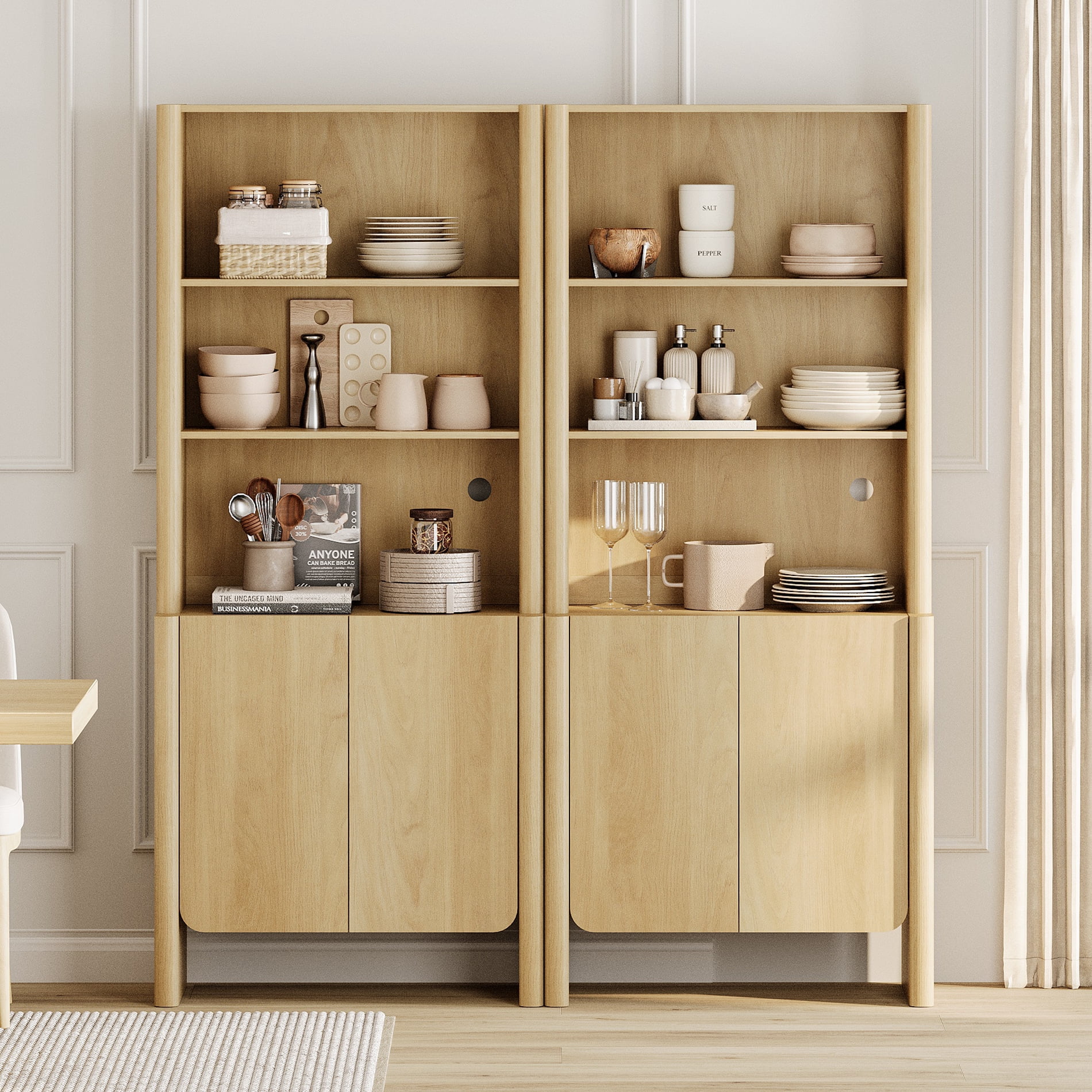 63-Inch Modern French Bookcase with Curved Edges, Doors and Open Shelves, 72.8" Tall, Oak