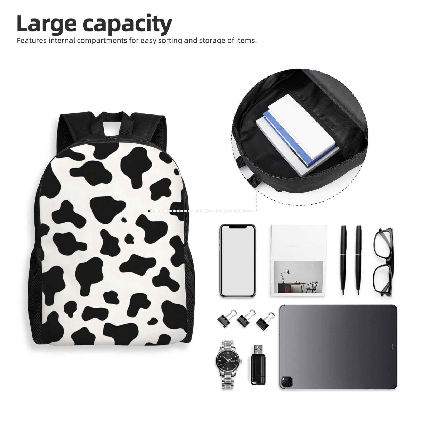 Single Side Full Backpack 16.1×11.8×4.5in Large Capacity Breathable Shoulder Belt Leisure Simple And Strong Bearing Capacity Simple Cow Print Pattern, Vector Art Style_1