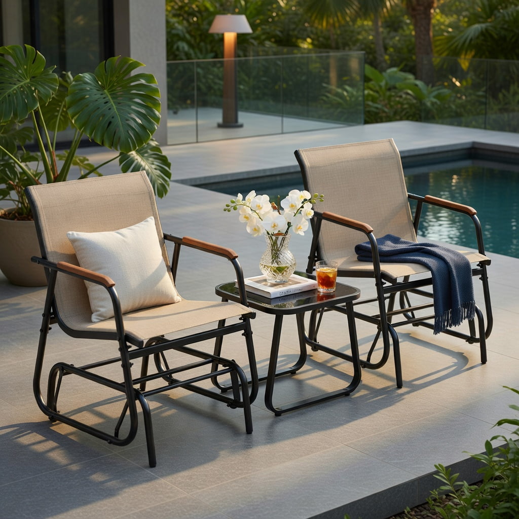 Hommoo 3-Piece Outdoor Glider Bistro Set, Metal Frame with Tempered Glass Table, Teak Wood Armrests, Breathable Fabric Seating for Patio, Porch, Balcony, Brown