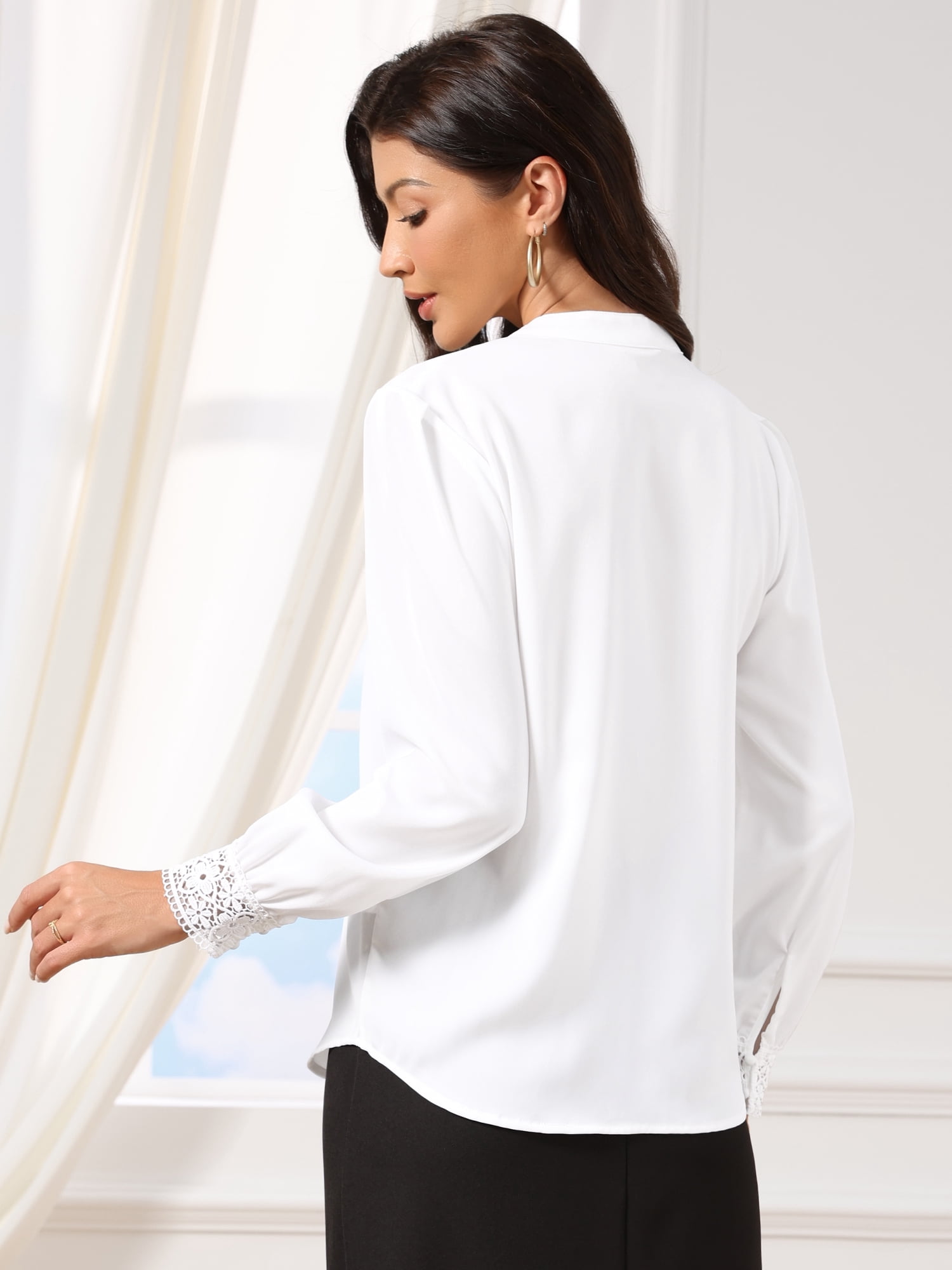 DARING DIVA Women's Long Sleeve Dressy Shirt Lace Cuff Office Slit Neck Blouse M White