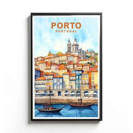 DailyMood Porto Portugal Retro Travel Poster Vintage Riverside Houses and Colorful Boats Wall Art Print 12x18 Inch