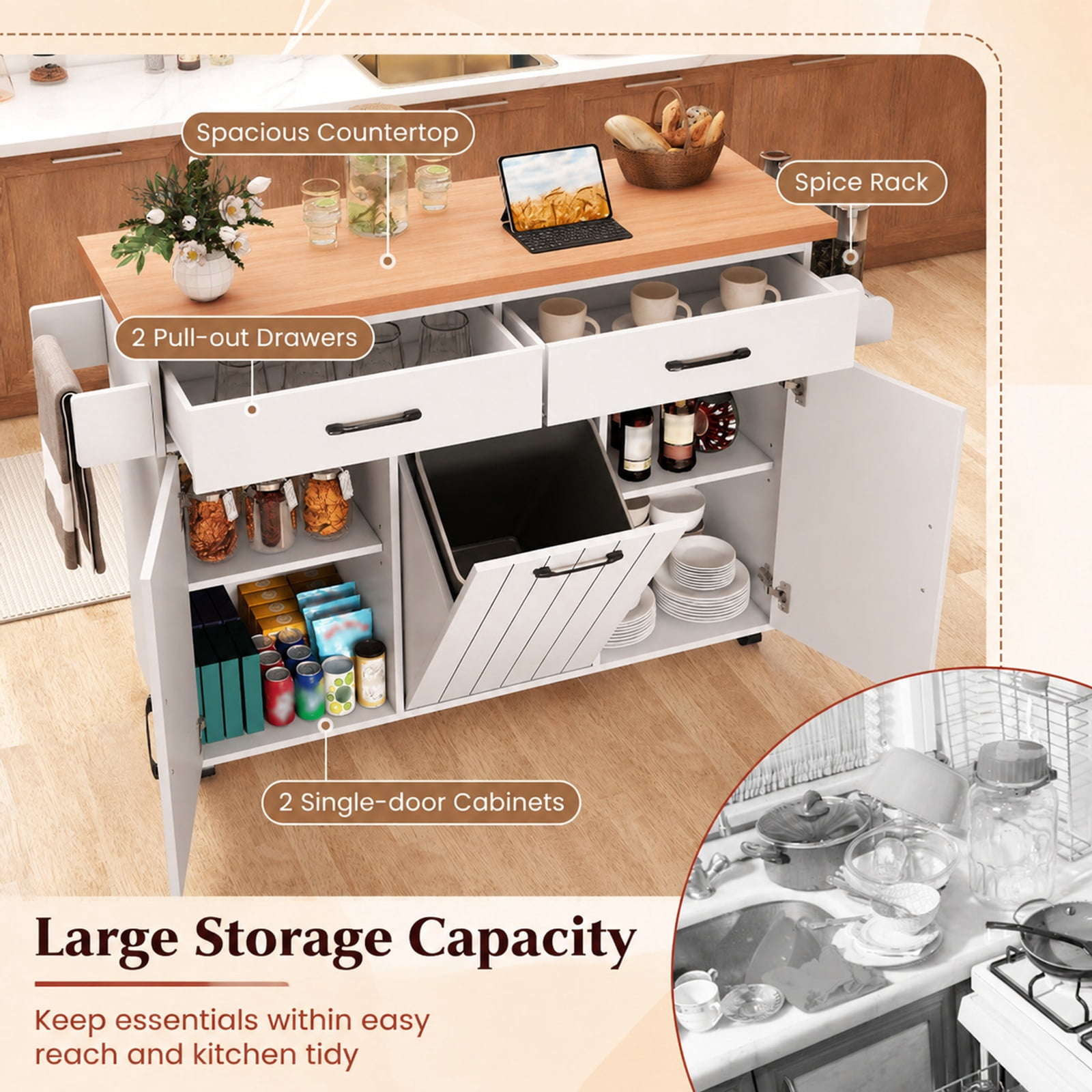 Furnibear Mobile Kitchen Island Table with Trash Bag Storage Adjustable Cabinets Spice Rack and Drawers for Dining Rooms, White